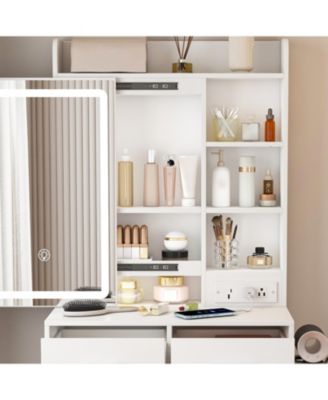 Small Vanity Desk with Mirror LED Lights & Outlet - White