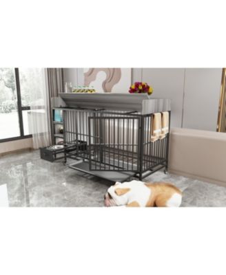 Large Pet Cage w/ Storage & Stainless Steel Bowls (Black/Gray)