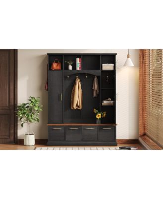 Streamdale 4-in-1 Hall Tree- 59" Wide, Golden Hooks, Walnut Bench, Adjustable Shelves, Black