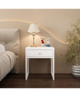 Modern White Nightstand with Drawer & Wood Knob
