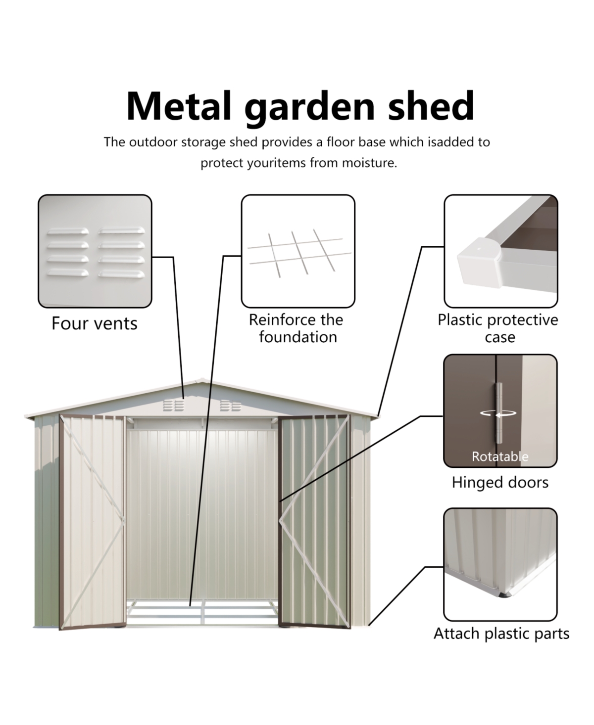 Streamdale Furniture 10x8 White Outdoor Garden Shed - Aluminum Frame, Hinged Door & Foundation