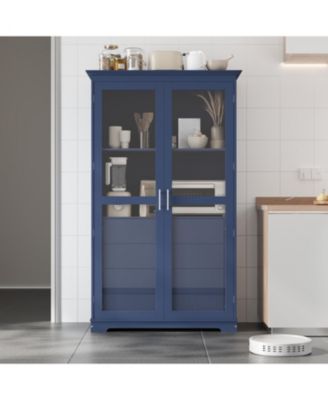 Blue Kitchen Pantry Cabinet with Glass Doors & Drawers