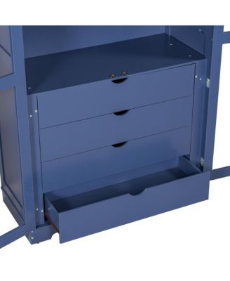 Blue Kitchen Pantry Cabinet with Glass Doors & Drawers