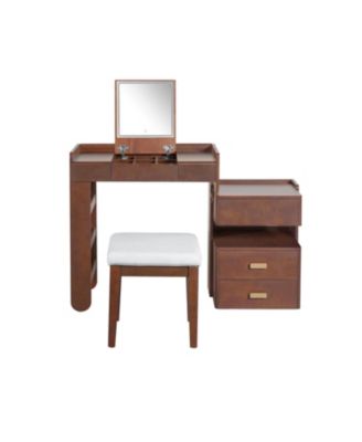 Flip-Top Vanity Desk w/ LED, Adjustable Length, Drawers - Walnut