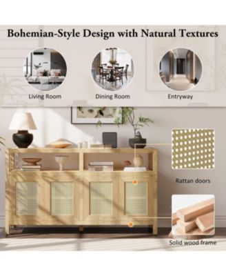 Rattan Adjustable Shelves, Push-to-Open Buffet Cabinet