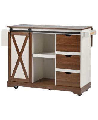 55.5" Farmhouse Kitchen Island w/ Drop Leaf, Barn Door, Power Outlet, Rolling Cart - White