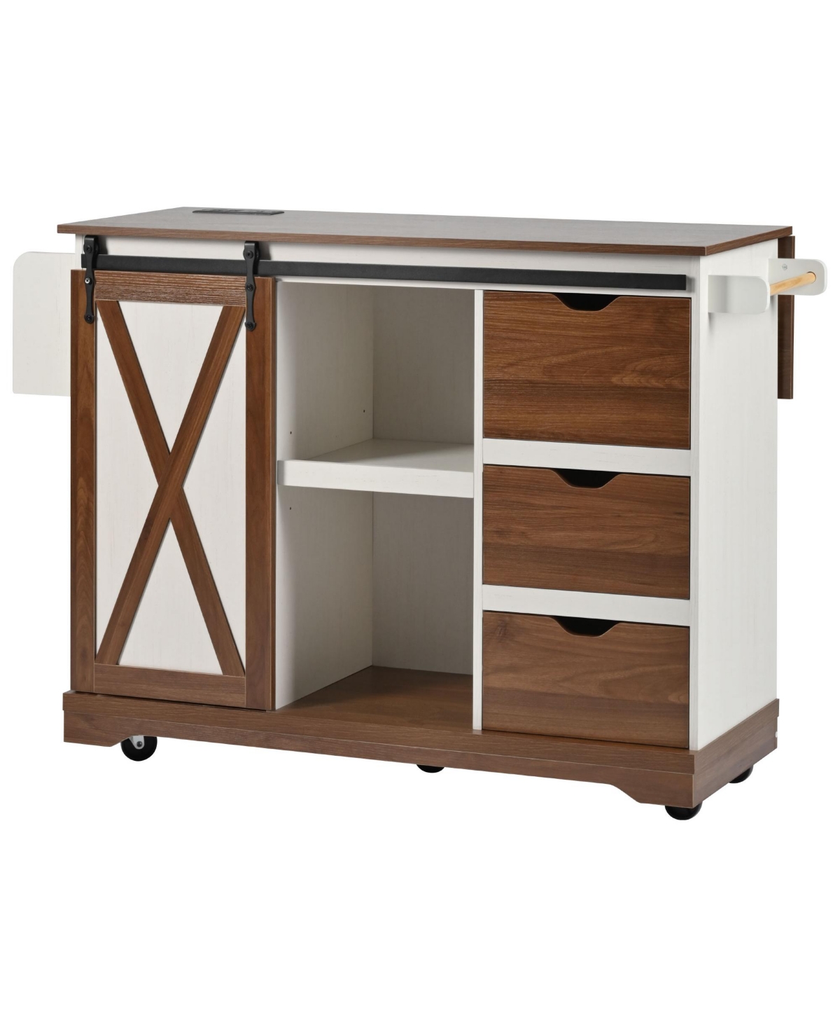 Streamdale Furniture 55.5" Farmhouse Kitchen Island w/ Drop Leaf, Barn Door, Power Outlet, Rolling Cart - White