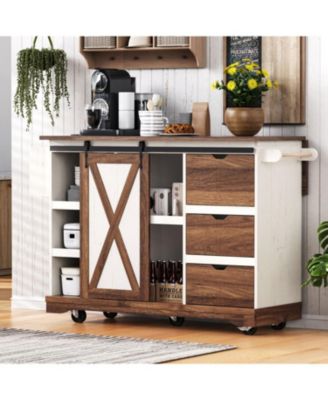 55.5" Farmhouse Kitchen Island w/ Drop Leaf, Barn Door, Power Outlet, Rolling Cart - White
