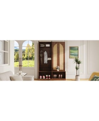 Streamdale Farmhouse Hall Tree - Rattan Doors, Bench, Hooks, Shoe Cabinet - Walnut, 55.1"W