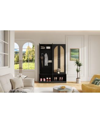 Streamdale Farmhouse Hall Tree- Rattan Doors, Bench, Hooks, Shoe Cabinet - Black, 55.1&amp;#x22;W