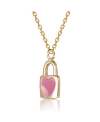 14K Gold Plated with Soft Pink or Pink Enamel Heart-Shaped Lock Pendant Necklace For Kids