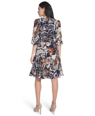 Petite Jewel Neck Belted Fit and Flare Godet Dress