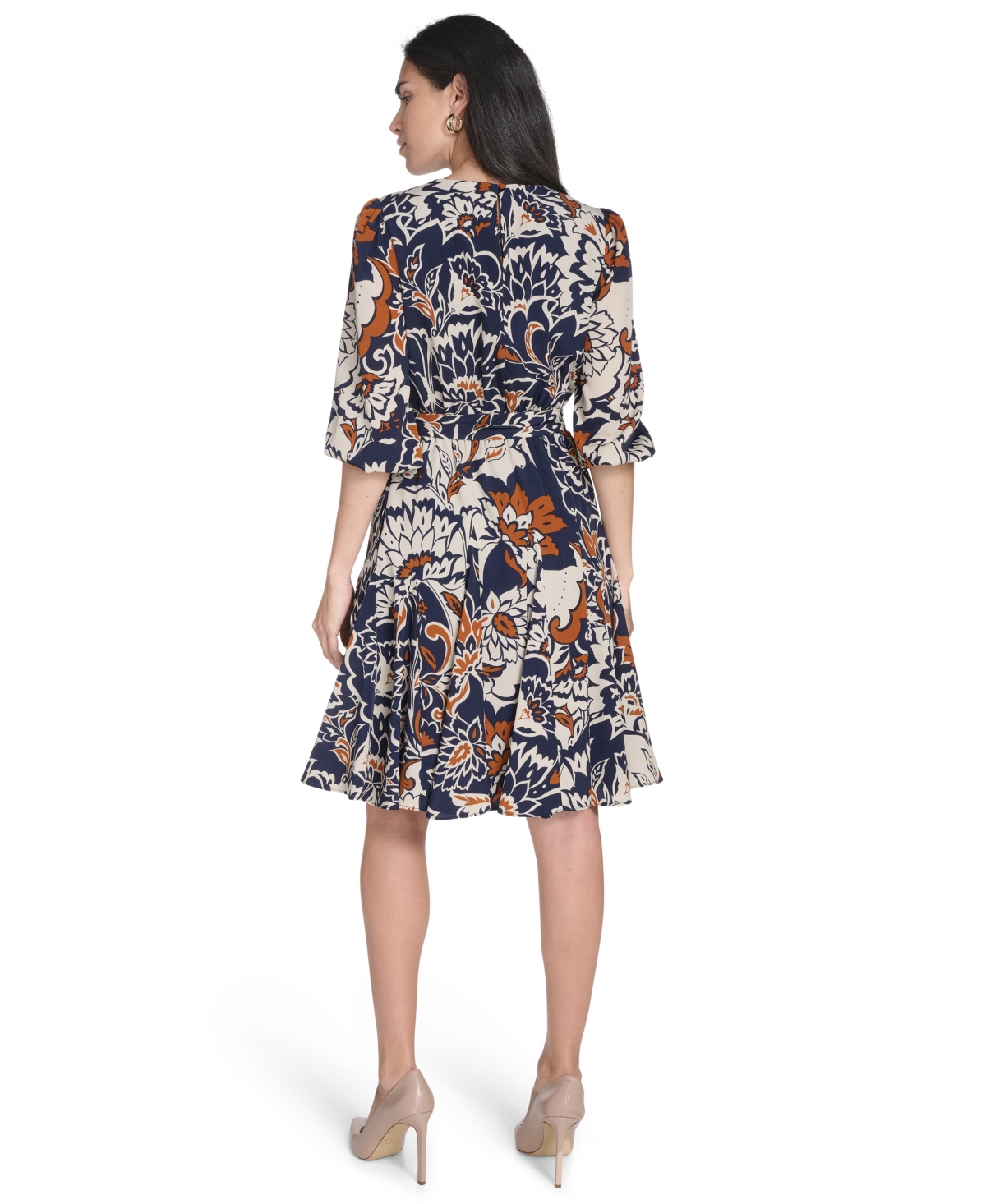 Jessica Howard Petite Jewel Neck Belted Fit And Flare Godet Dress In Multi