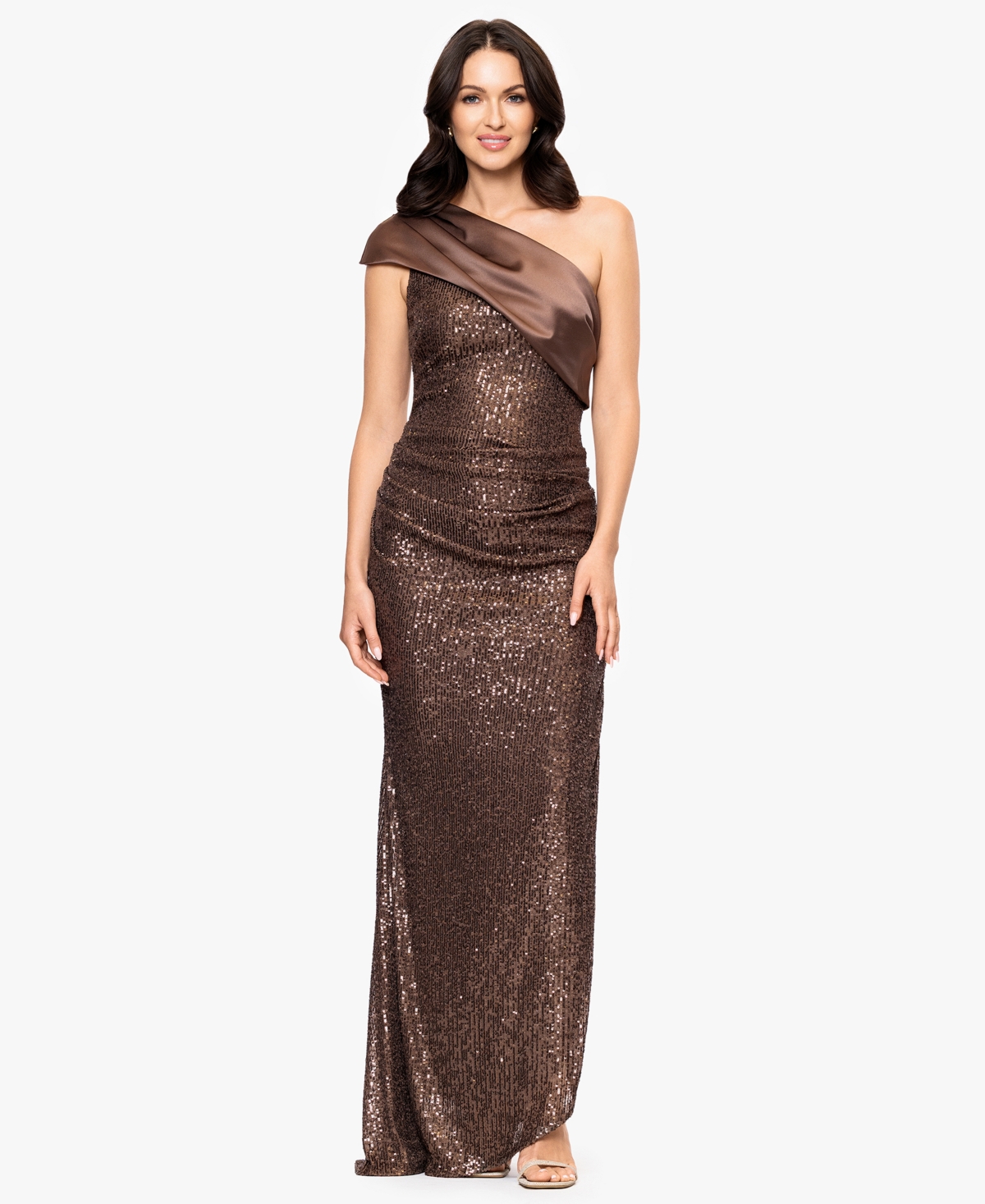 Betsy & Adam Petite One Shoulder Sequin Detail Dress In Brown