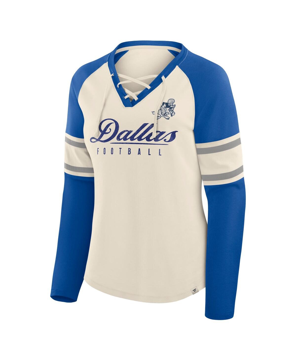 Fanatics Women's Cream/royal Dallas Cowboys Hometown Gridiron Hero Raglan Lace-up V-neck Long Sleeve T-shirt In Multi