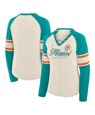 Fanatics - Women's Cream/Aqua Miami Dolphins Hometown Gridiron Hero Raglan Lace-Up V-Neck Long Sleeve T-Shirt