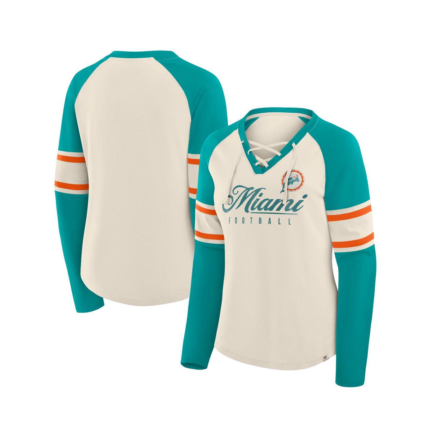 Женская футболка Fanatics Cream/Aqua Miami Dolphins Hometown Gridiron Hero Raglan Lace-Up V-Neck Long Sleeve — фото 1