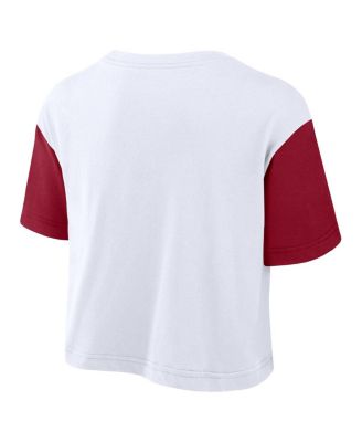 Women's White/Crimson Oklahoma Sooners Color-Block Script Dri-FIT Cropped T-Shirt