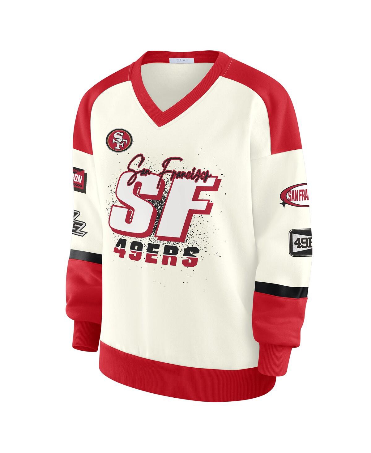 Wear By Erin Andrews Cream San Francisco 49ers Racing Crew V-neck Sweatshirt In White