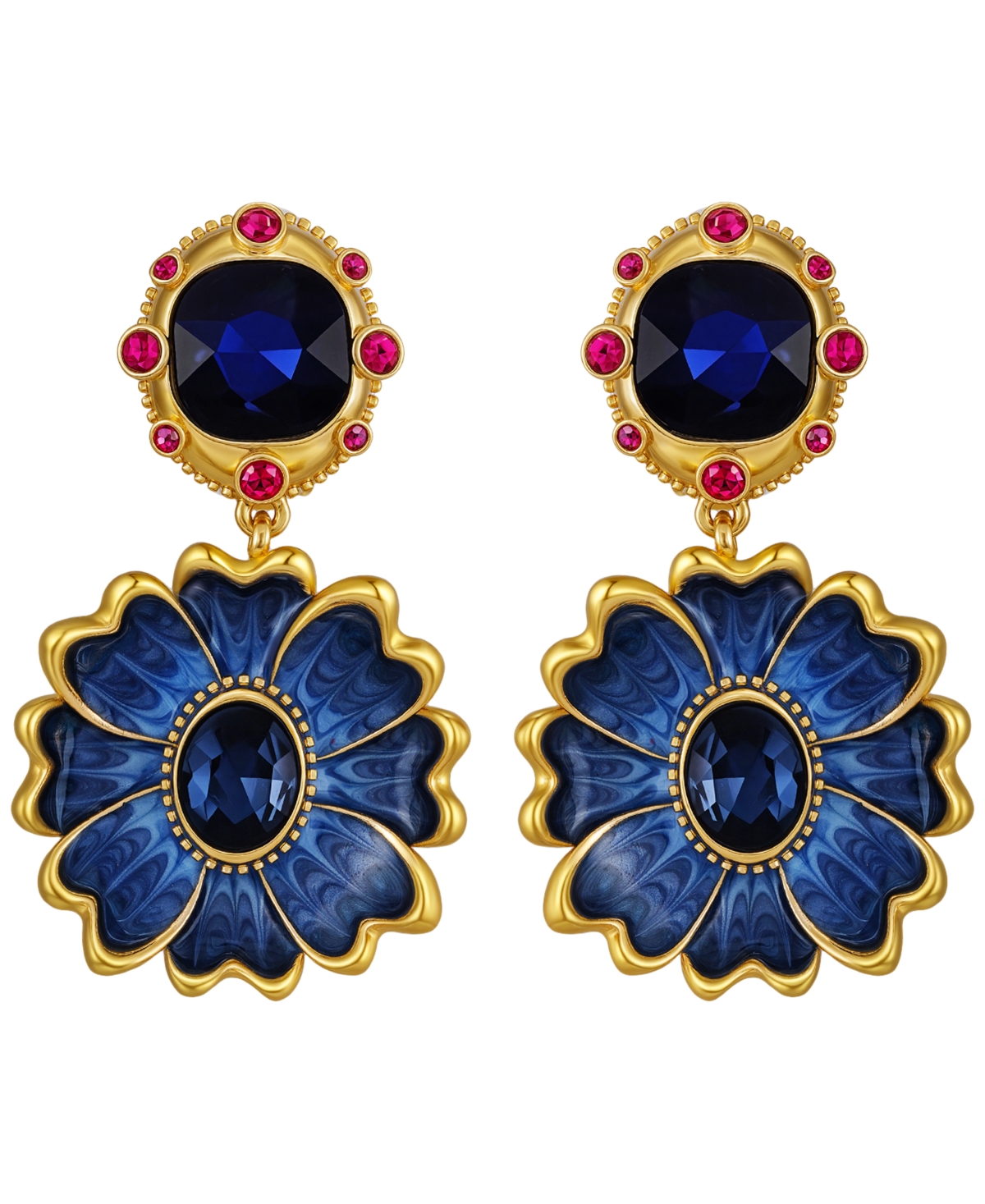 Guess Glass Stone Gold-tone Floral Clip-on Drop Earrings In Blue