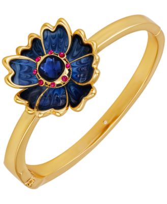 Glass Stone Gold-Tone Floral Hinged Bangle Bracelet