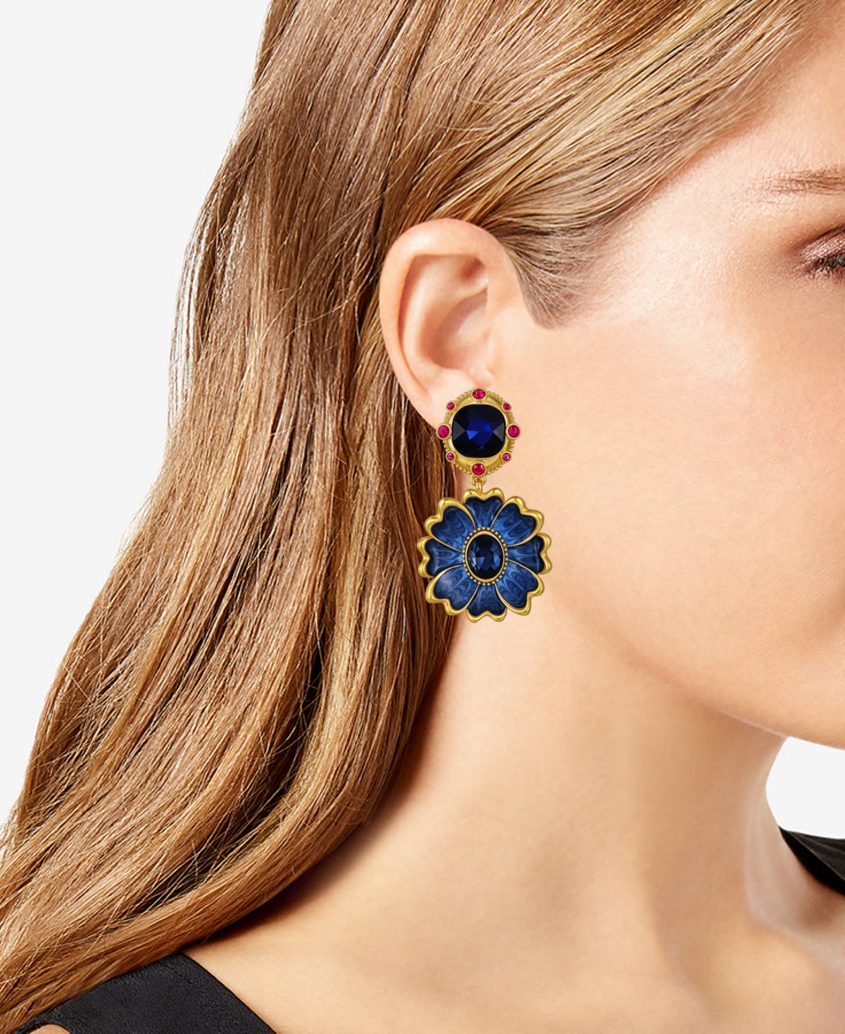 Guess Glass Stone Gold-tone Floral Clip-on Drop Earrings In Blue
