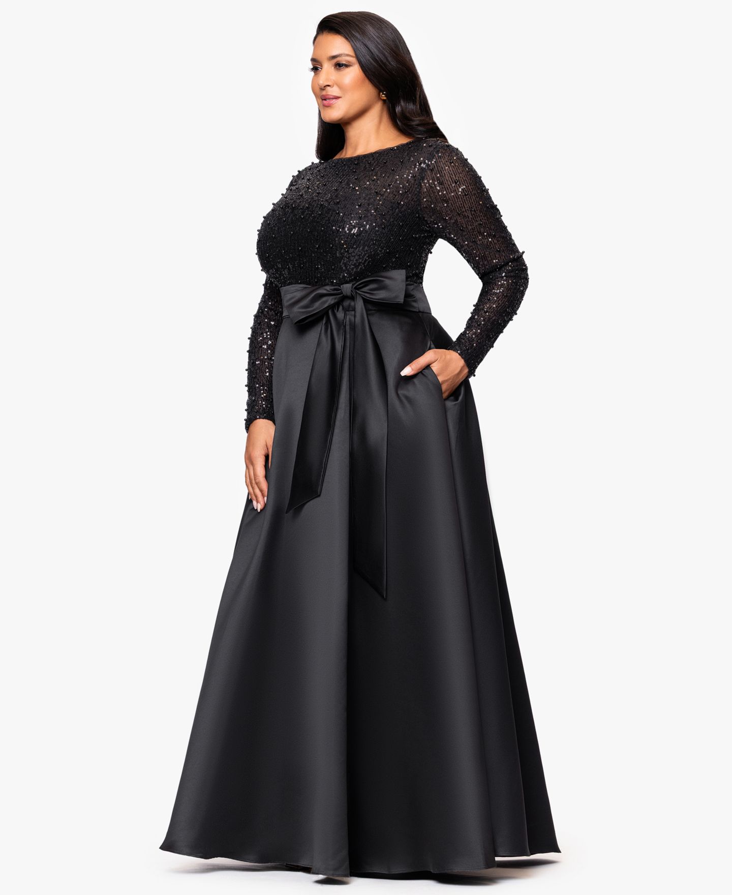 Женское платье XSCAPE Plus Long Sleeve Ball Gown, цвет: Чёрный — фото 2