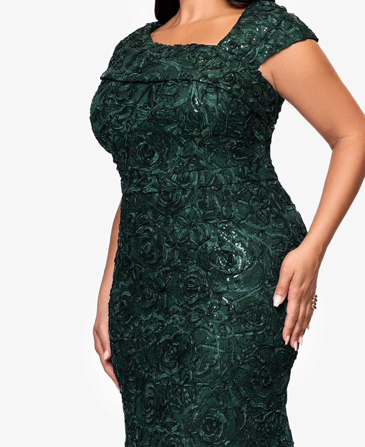 Xscape Plus Size Lace Detail Asymmetrical Neck Maxi Dress In Green