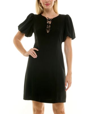 Petite Puff Sleeve Flower Trim Dress