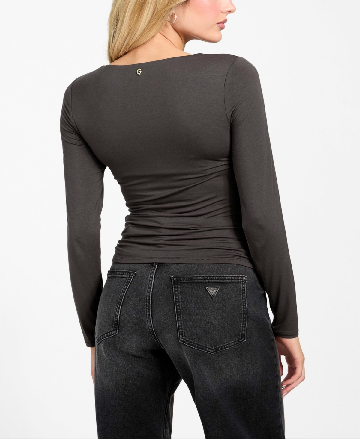 Guess Ayleen Ruched Long Sleeve Jersey Top In Black