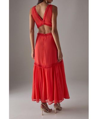 Women's Chiffon Fringe Trim Cut Out Maxi Dress
