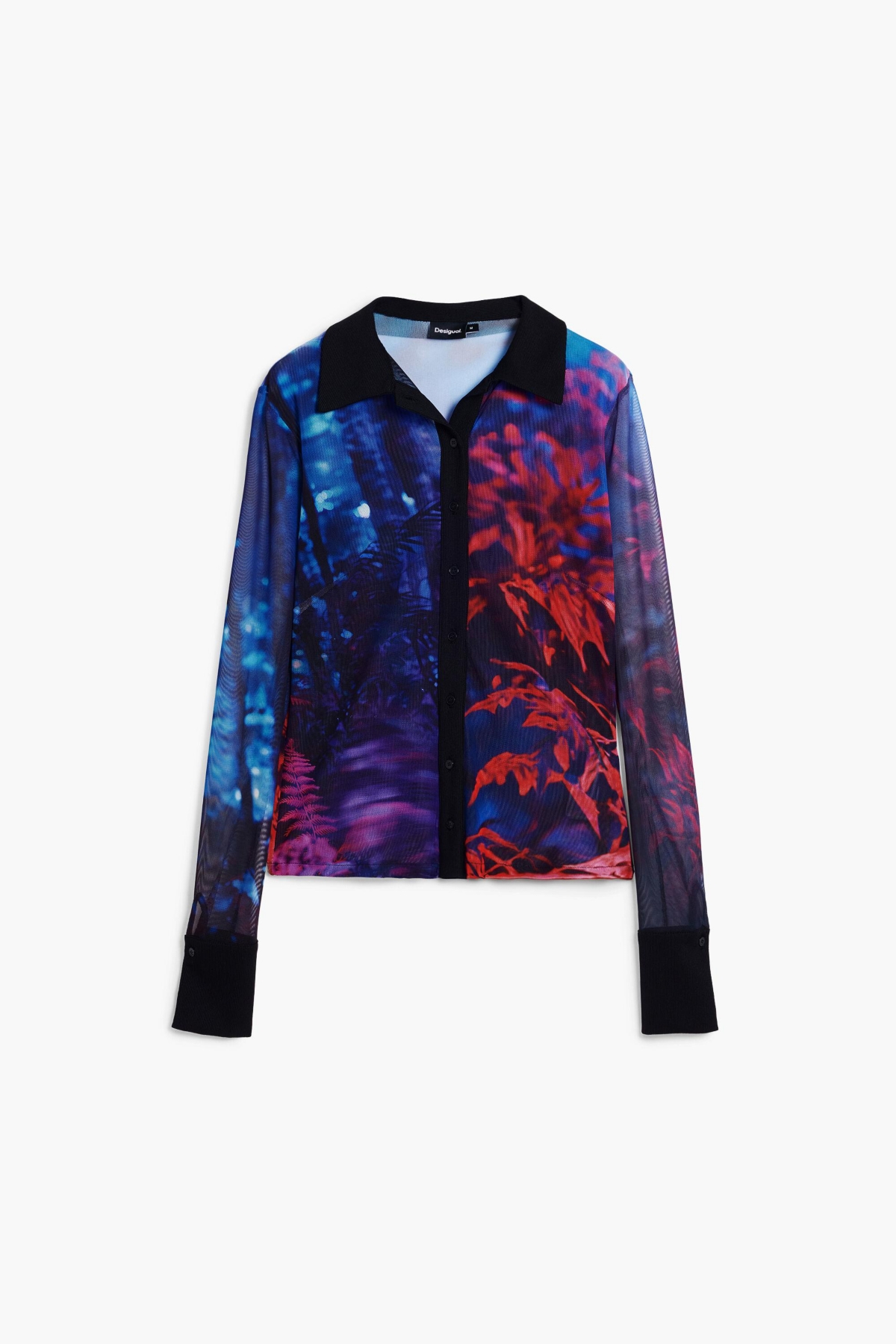 Desigual Rib Trim Mesh Button-up Shirt In Black