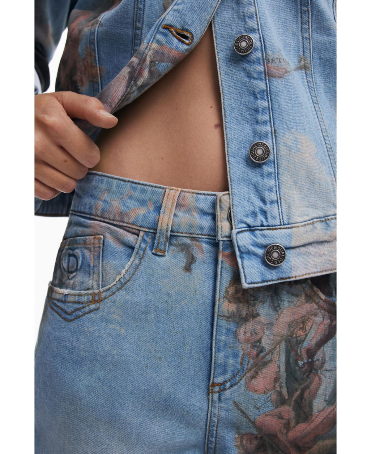 Desigual Printed Barrel Leg Jeans In Blue