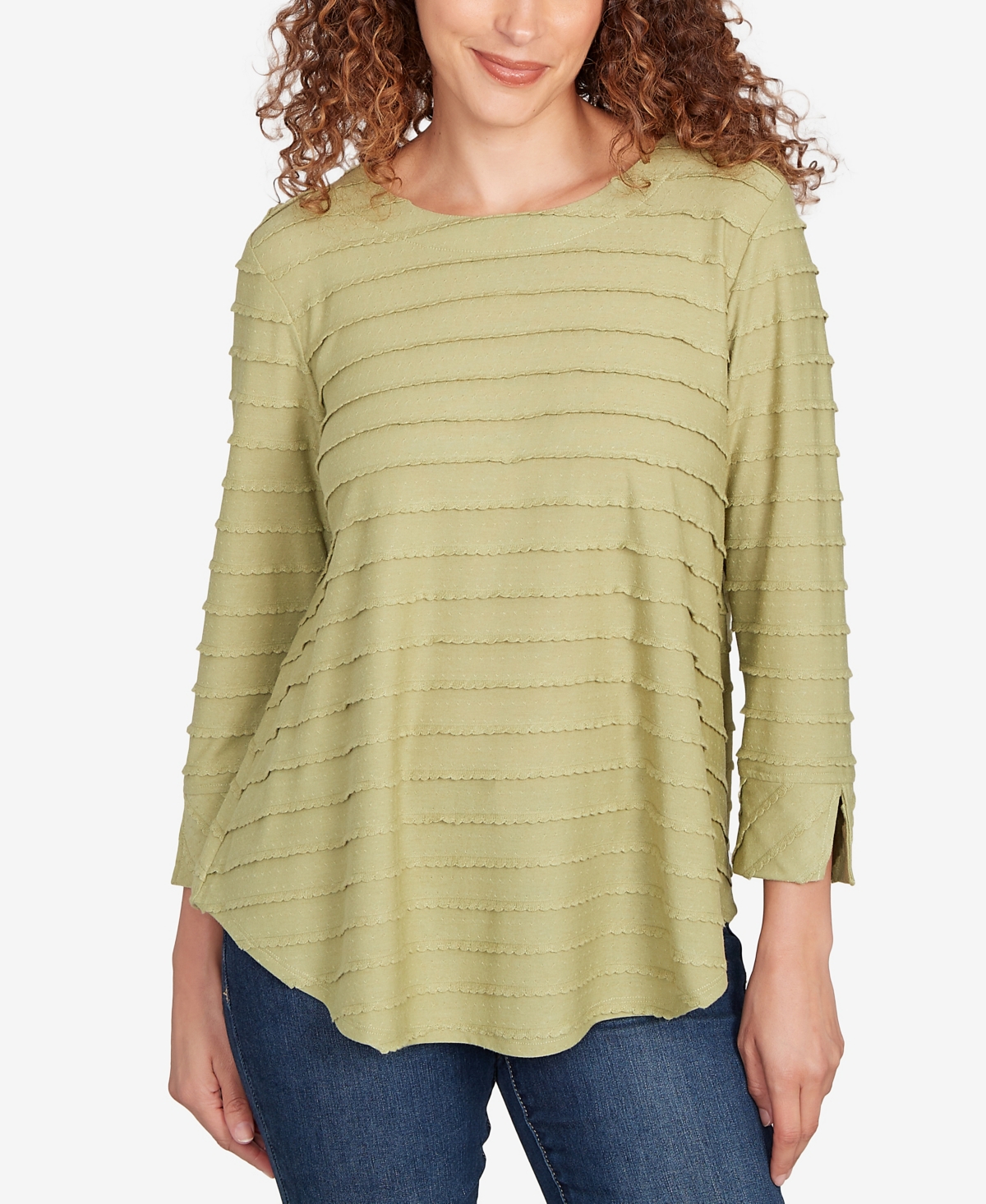 Ruby Rd. Petite Scalloped Jacquard Knit Top In Green