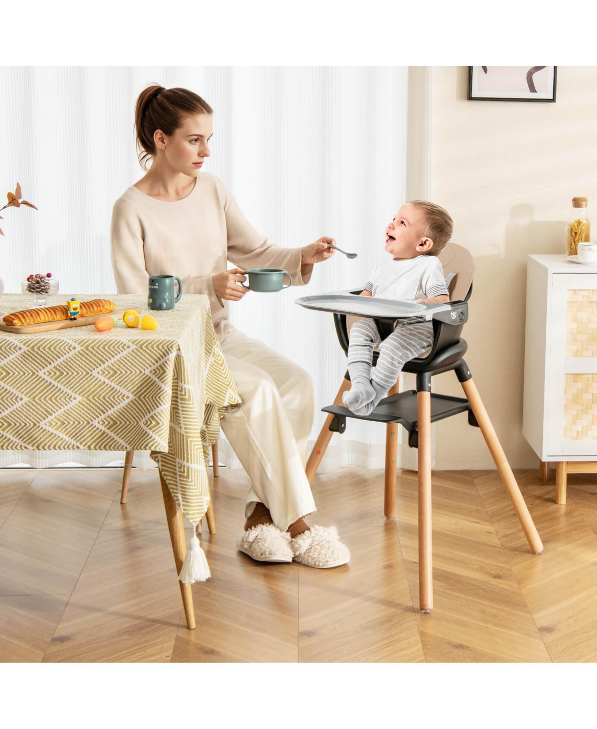 Costway 6-in-1 Convertible Wooden Baby Highchair Infant Feeding Chair w/ Removable Tray