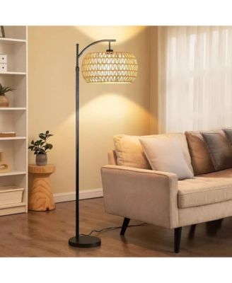Dimmable Boho Floor Lamp with Rattan & Linen Drum Shade – Remote & Footswitch Control