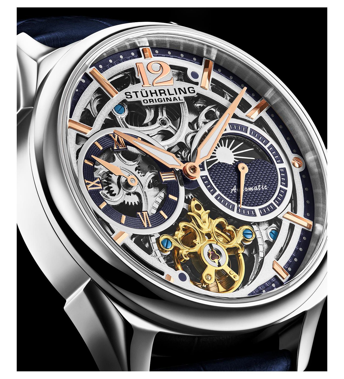Часы Stuhrling Vanguard 1019.02 Legacy Collection Dual Time Automatic Skeleton Watch 42mm Stainless Steel Blue Dial Leather Strap, цвет: Синий — фото 3
