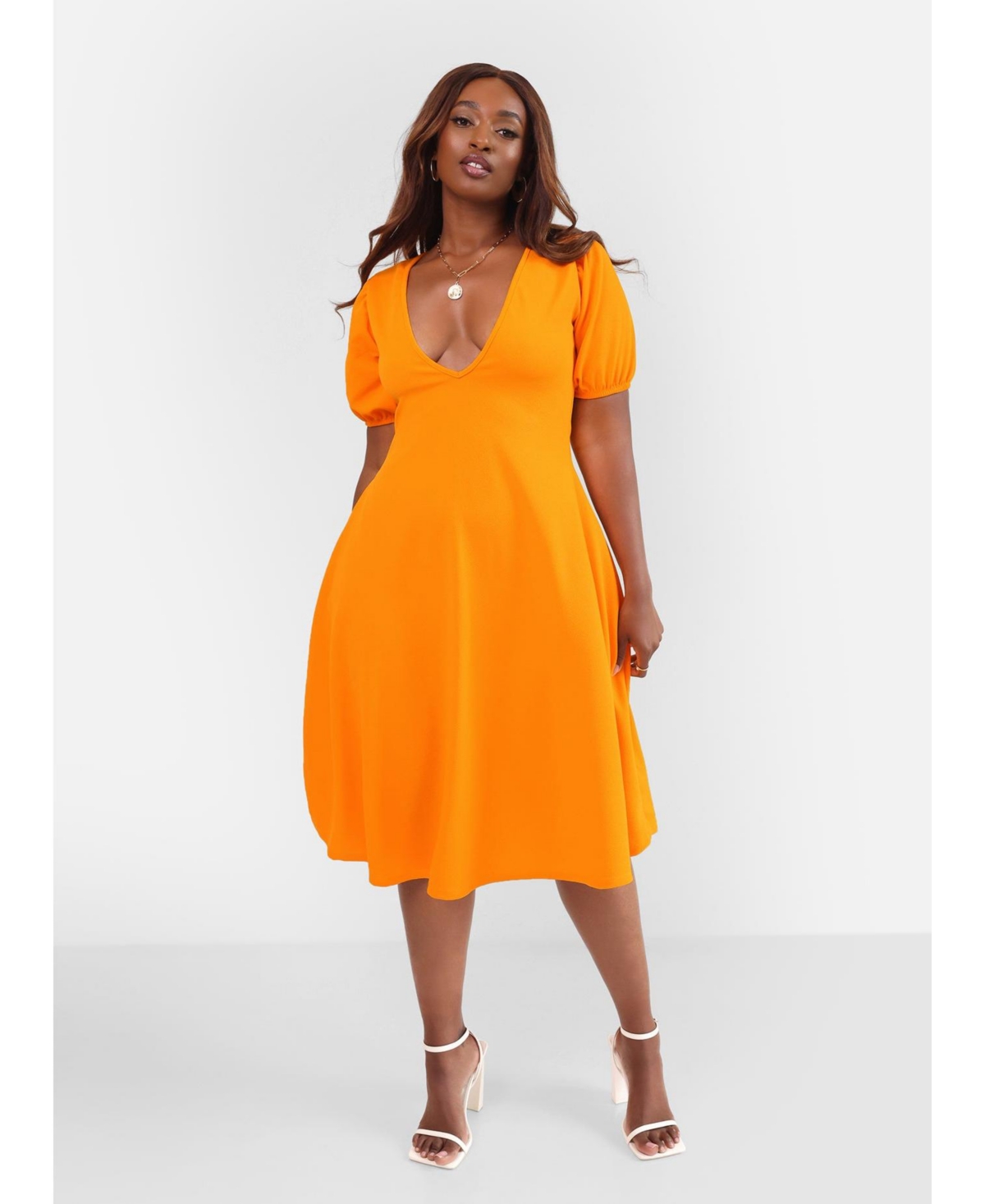 Rebdolls Women's Puff Sleeve A Line Midi Dress w. Pockets