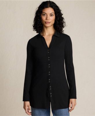 Women's Long Sleeve Polished Rib Button Through Tunic Shirt