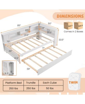 Twin Size Daybed w/ Trundle Bedside Shelves Reversible Bookcase Headboard