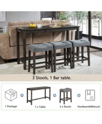 4 Piece Bar Table Set with Power Outlet and 3 Padded Stools for Dining or Living Room