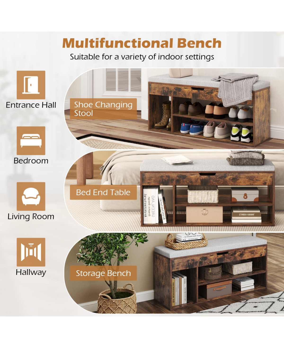 Gymax Shoe Bench Home Entryway Shoes Storage Bench w/ Padded Seat & Hidden Storage