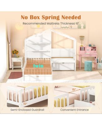 Twin Size House Bed Kids Platform Bed w/ Padded Bench & Floating Shelves