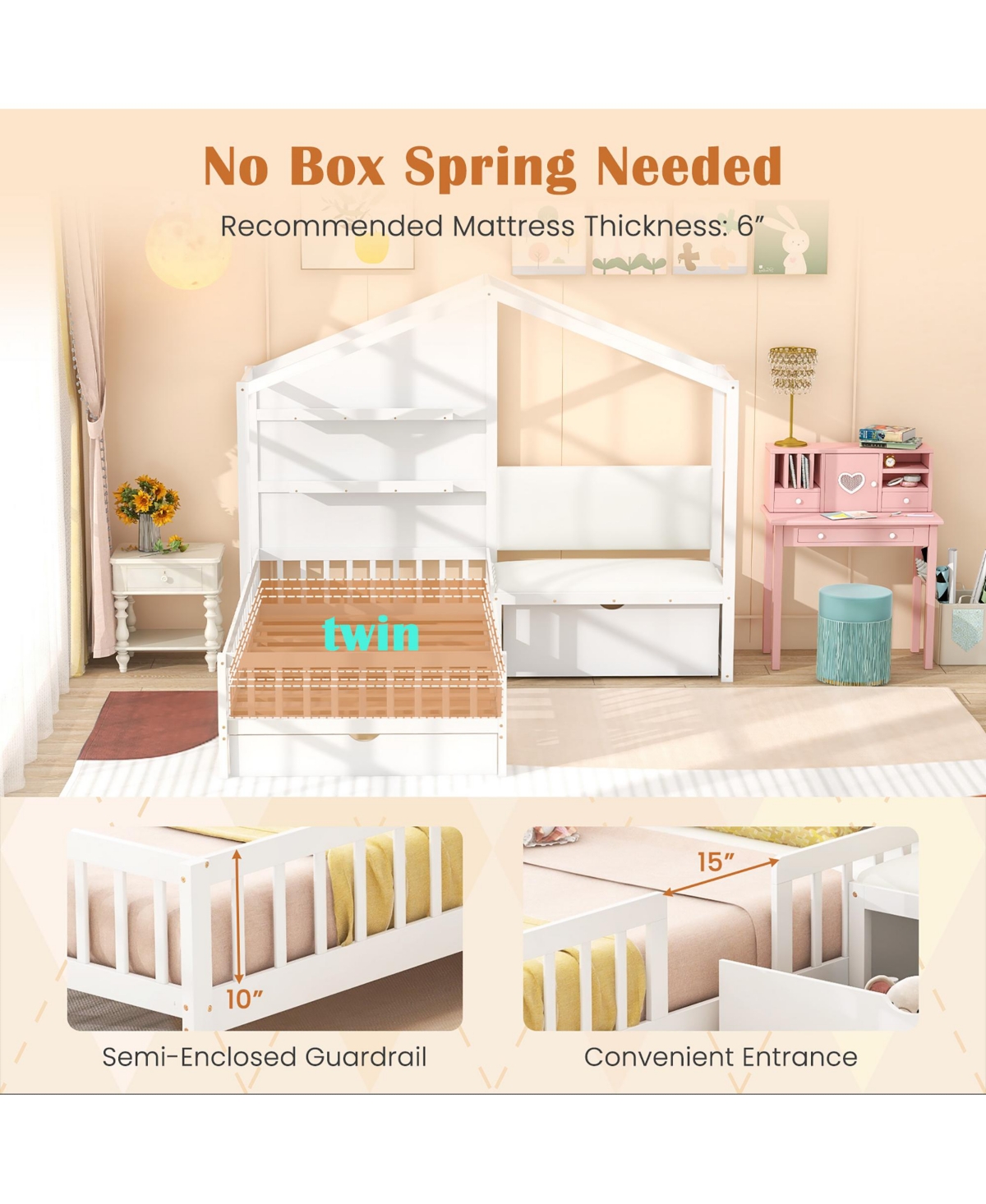 Gymax Twin Size House Bed Kids Platform Bed w/ Padded Bench & Floating Shelves