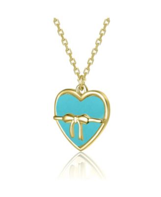 14K Gold Plated with White Mother Of Pearl Heart or Blue Enamel with Bow Pendant Neckalce For Kids