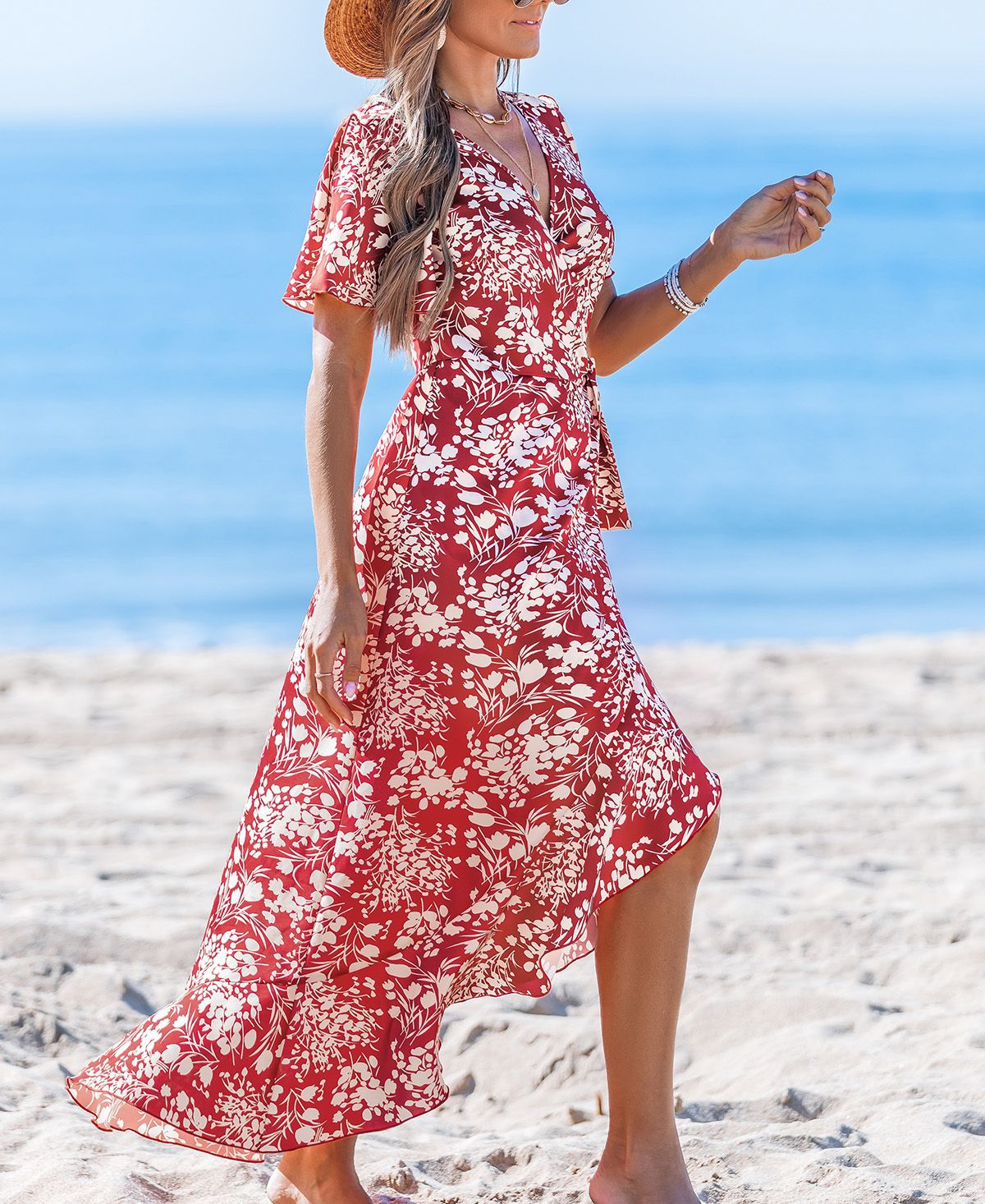 Cupshe Women's Casual Split Flared Sleeve Ditsy Maxi Beach Dress
