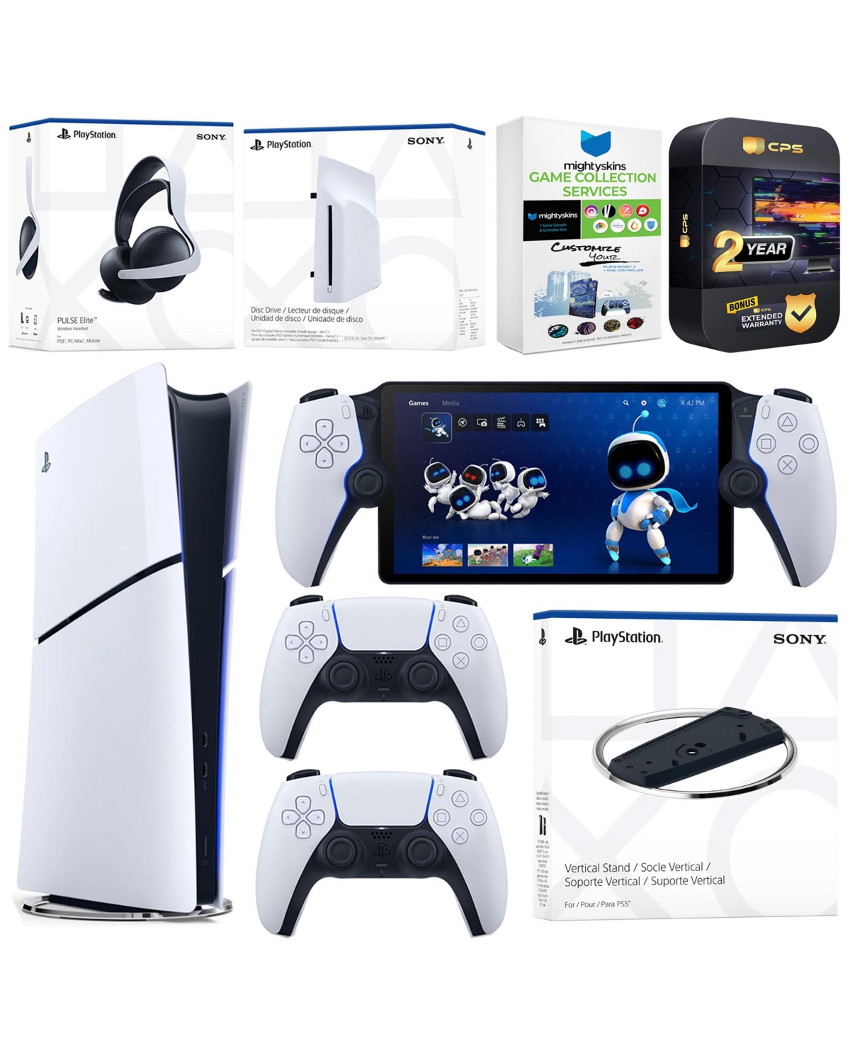 Sony PlayStation 5 Slim Digital Bundle with Disc Drive, Stand, Extra Controller, Pulse Elite Headset, PlayStation Portal, MightySkins Voucher and 2 Ye