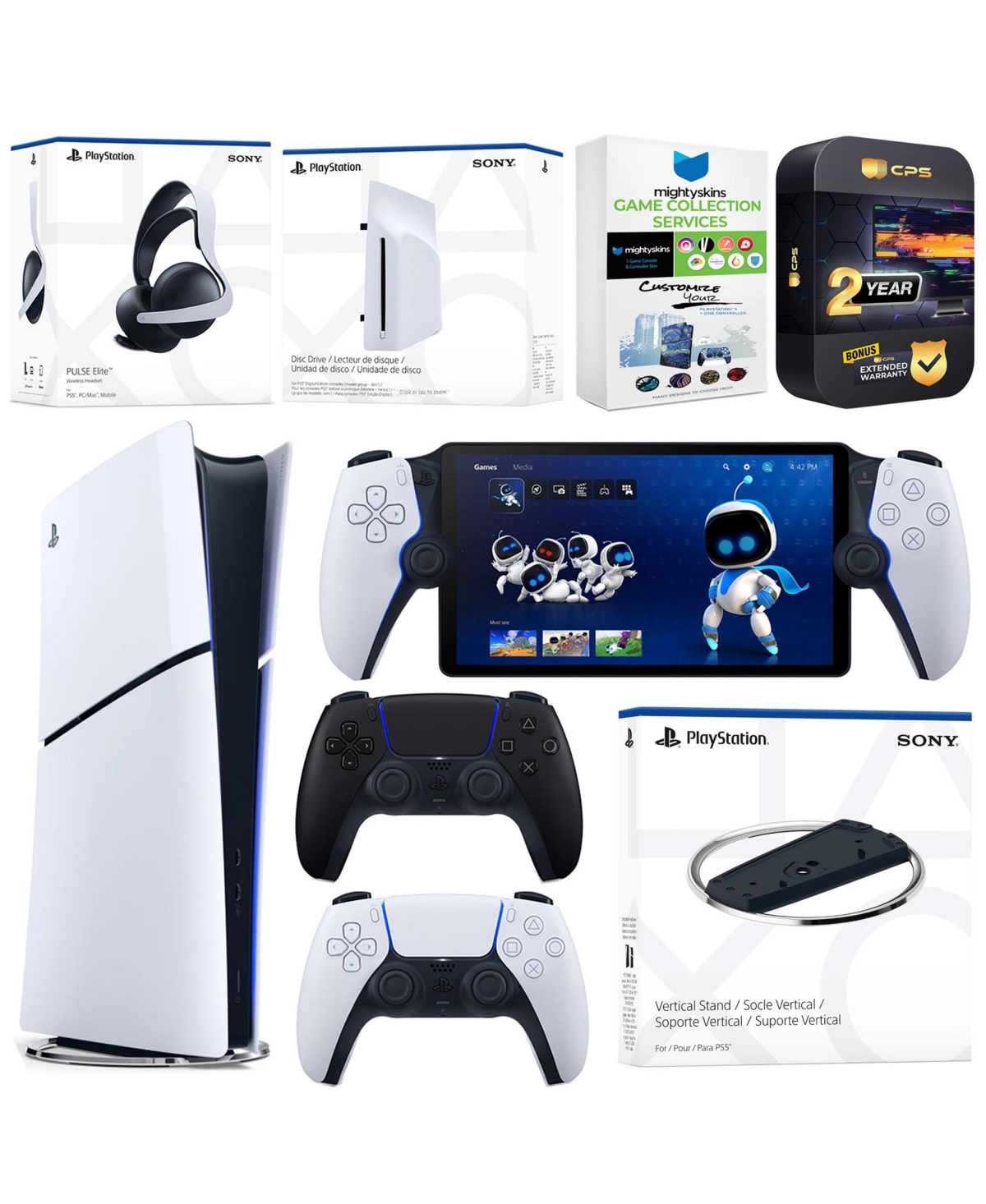 Sony PlayStation 5 Slim Digital Bundle with Disc Drive, Stand, Extra Controller, Pulse Elite Headset, Portal