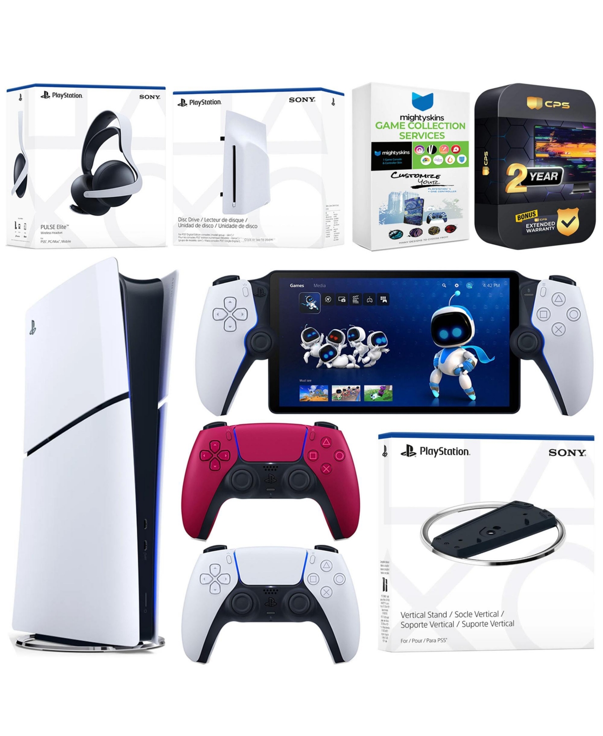 Sony PlayStation 5 Slim Digital Bundle with Disc Drive, Stand, Extra Controller, Pulse Elite Headset, PlayStation Portal, MightySkins Voucher and 2 Ye