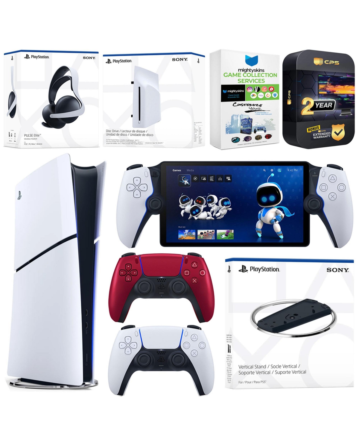 Sony PlayStation 5 Slim Digital Bundle with Disc Drive, Stand, Extra Controller, Pulse Elite Headset, PlayStation Portal, MightySkins Voucher and 2 Ye